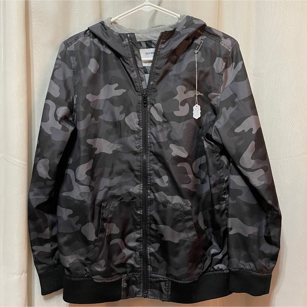 Old Navy Black and Gray Camo Rain Jacket with Hood kids XL